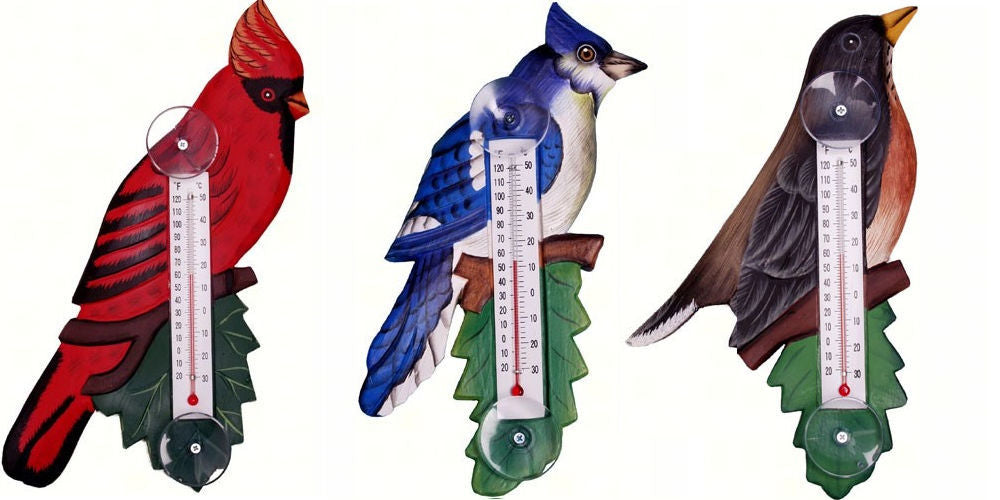 Cardinal, Robin or Blue Jay on a Branch Small Window Thermometers